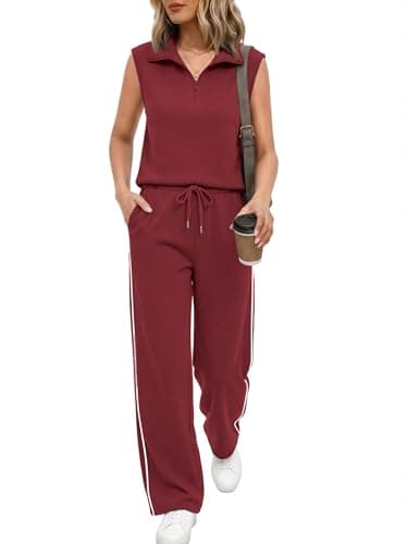 Casly Lamiit 2 Piece Sets for Women 2026 Airport Travel Outfits Summer Half Zip Tank Tops Wide Leg Pants Sweatsuit Workout Matching sets Wine Red S - Image 1