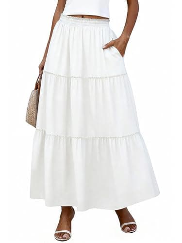 Bellcoco Long Skirts for Women Maxi Spring Summer Swing Tiered A-Line Elastic High Waist Boho Flowy Skirts with Pockets White XX-Large