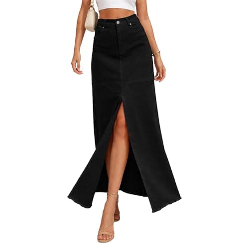 materasu Women Midi Skirt with Pocket Front Slit Casual Straight High Waist Long Skirt Black - Image 1