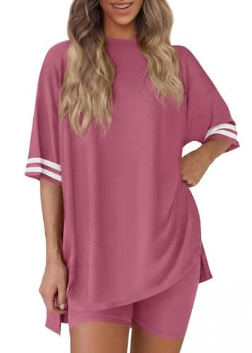 KIRUNDO Women's 2 Piece Lounge Set Airport Travel Outfit 2026 Summer Oversized Shirts Matching Biker Shorts Fashion Clothing(Pink, Small) - Image 1