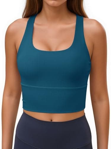 Aoysky Womens Racerback Sport Bra Workout Tank Tops Sleeveless Ribbed Athletic Yoga Tops with Built in Bra Navy - Image 1