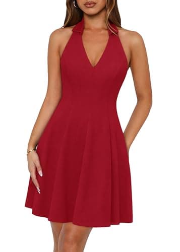 Lazysmile Summer Dresses for Women Sleeveless Halter Lapel V Neck Backless A Line Formal Cocktail Party Short Dress Red - Image 1