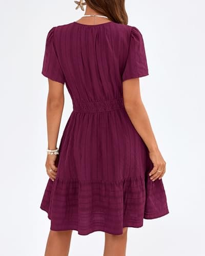 BTFBM Womens Spring 2026 Casual Mini Dresses Lightweight Short Sleeve V Neck Elastic Waist Cute Boho Beach Dress Pockets(Burgundy, X-Large) - Thumbnail 4