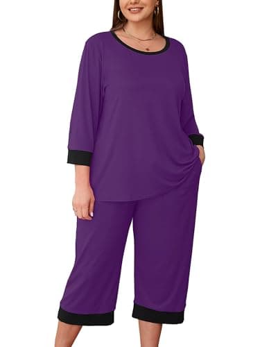 AusLook Women’s Plus Size Pajama Sets Purple 2X Soft 3/4 Sleeve Nightwear Top and Capri Pants Lounge Set with Pockets - Image 1