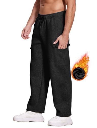 Deyeek Men's Black Fleece Cargo Sweatpants with Pockets Open Bottom Sweat Pants for Mens Winter Thick Loose Fit Lounge Pants - Thumbnail 5
