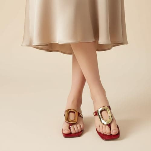 StillFancxy Gold Buckle Flat Sandals for Women Square Toe Dressy Flip Flops Trendy Thong Sandals Slide Sandals - Thumbnail 3