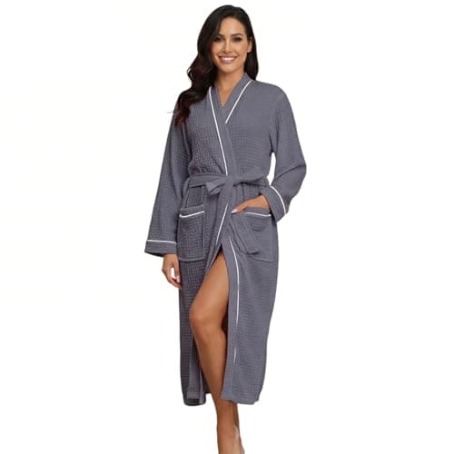 RONGTAI Waffle Robes for Women Soft Long Sleeve Bathrobe with Pockets Lightweight Loungewear for Home Holiday Spa(Grey, XL) - Image 1