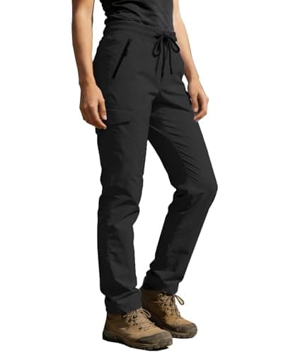 AGVNG Womens Hiking Cargo Pants 4 Pockets Water Resistant Quick Dry UPF 50+ Lightweight Elastic Waist Drawstring Travel Casual Work Athletic Outdoor Black XL - Image 1