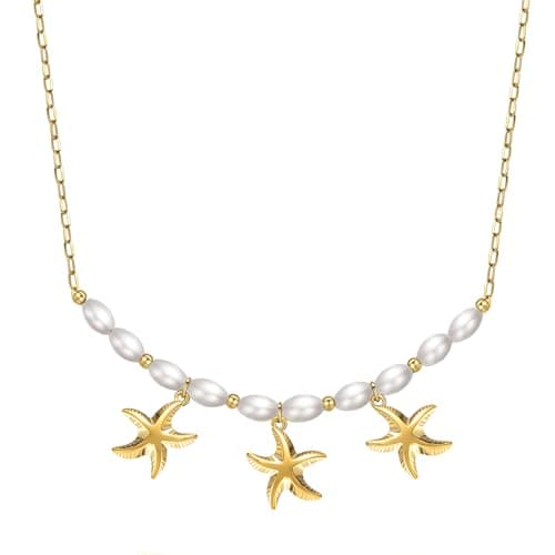 Starfish Necklace for Women: 14K Gold Plated 3-Piece Pendant with 10 Simulated Pearls on Stainless Steel Chain | Cute Boho Beach Jewelry Gift for Summer (Gold Starfish) - Image 1