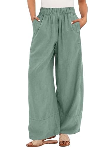 ANRABESS Women's Wide Leg Linen Pants Summer Boho Casual Elastic Waist Long Lounge Travel Pants Trousers with Pockets Light Green Medium - Image 1