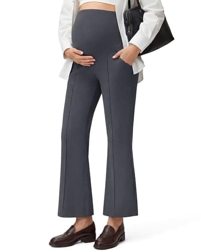 G4Free Maternity Dress Pants Front Seam Casual Ankle Pregnancy Leggings with Pockets Work Activewear Over The Belly(Dark Gray,M,Petite) - Image 1