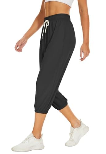 BATHRINS Women's Capri Sweatpants Summer Casual Jogger Drawstring Waist Pants with Back Pockets Black - Thumbnail 3