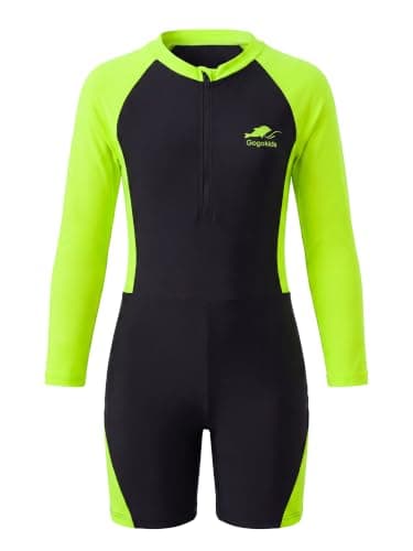Gogokids Girls One Piece Swimsuit Girls Water Sport Swimsuit UPF 50+ Sun Protection Zipper Bathing Suits,Black Neon Green,11-12Years