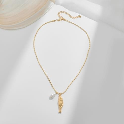 SHANTYSON Fish Pendant Necklace for Women 14k Gold Plated Ball Chain Bohemian Pearl Fish Charm Pendant Necklace for Beach Summer (pearl fish) - Thumbnail 6
