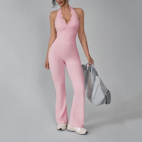 KAIFUYING Women Workout Scrunch Flare Jumpsuits Lace Deep V Hanging Neck Halter Backless Butt Lift Gym Yoga Jumpsuits Sexy jumpsuits Workout jumpsuits for women pink-XL - Thumbnail 6