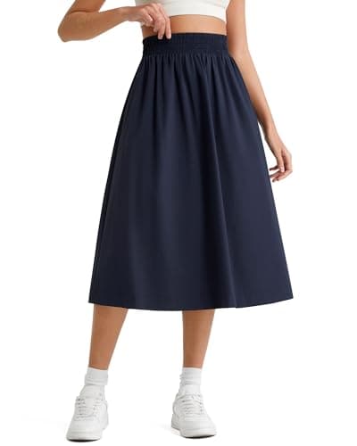 G4Free Casual Skirts for Women A Line High Waisted Flowy Pleated Swing Midi Length Skirt with Pockets Stretchy Workout Quick Dry(Dark Navy,S) - Image 1