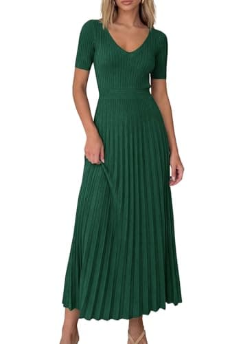 PRETTYGARDEN Women's 2026 Spring Midi Sweater Dresses Elegant Pleated Ribbed Knit Short Sleeve V Neck A Line Summer Outfits (Dark Green,Medium) - Image 1