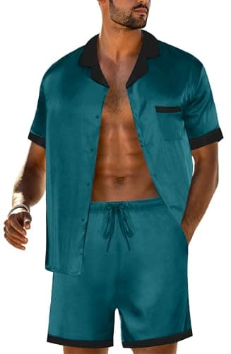 PrinStory Mens Pajamas Set Satin Silk Pajama For Men Sleepwear Shorts Summer 2 Piece Button Down Set Blue Green Black M - Image 1