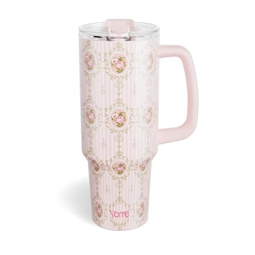YOME 40oz Vintage Floral Tumbler with Handle and Flip Straw | Stainless Steel Insulated Cute Water Bottle | Keeps Drinks Cold | Dishwasher Safe | Cupholder Friendly | Gift Gym Travel Yoga - Image 1