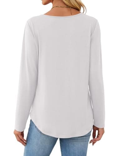 JUSTFASHIONNOW Women Long Sleeve Tops Winter Shirts Loose Fit Pleated Outfits V Neck Fashion Casual Blouses Ladies Curved Hem Teacher Business Tunics (White, Small) - Thumbnail 6