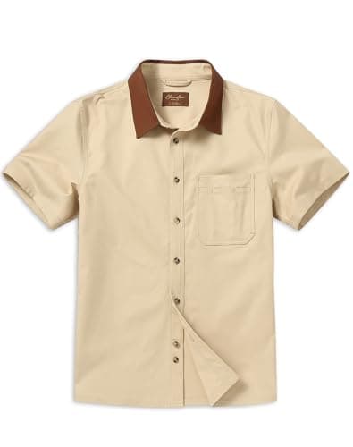 CHRONOLINE Men's Short Sleeve Button Up Shirt with Pocket Cotton Contrast Collar Spring Summer Outdoor Work Shirt for Men, Sand Khaki, XL - Image 1