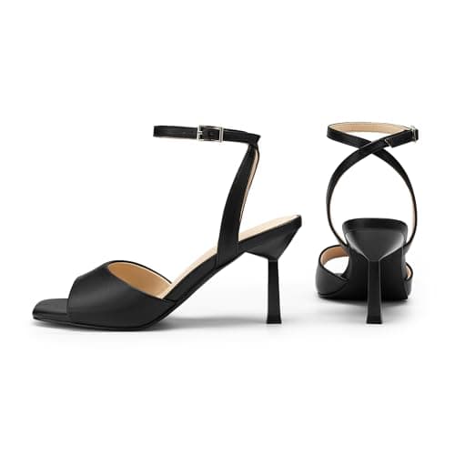 Athlefit High Heels for Women Black Square Open Toe Stiletto Heels Ankle Strap Buckle Dress Prom Kitten Heeled Sandals Size 8.5 - Thumbnail 5