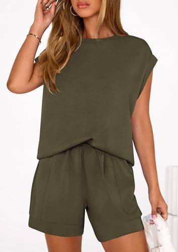 PRETTYGARDEN Two Piece Short Sets for Women Summer 2026 Matching Loungewear Travel Outfits Spring Beach Vacation Clothes (Army Green,Large) - Thumbnail 6