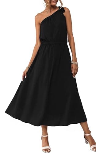 ECOWISH Womens Summer One Shoulder Maxi Dress Casual Polka Dot Midi Dresses Sleeveless Long Pockets Sundress Beach Vacation 92Black Medium - Image 1