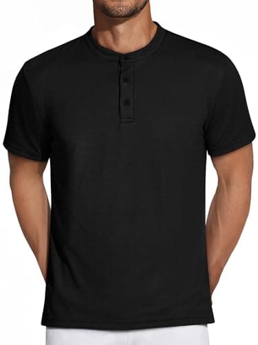 Crastimo Mens Henley Short Sleeve T-Shirt Ribbed Knitted Stretchy Slim Fit Moisture Wicking Soft Texture Fabric 4 Buttons Summer Classic Tee Black XXL
