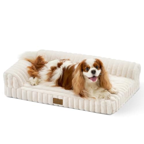 COZY KISS Faux Rabbit Fur Small Dog Bed – 30"x20" Orthopedic Foam Couch with Sides, Removable Washable Cover & Waterproof Lining, Cream - Image 1