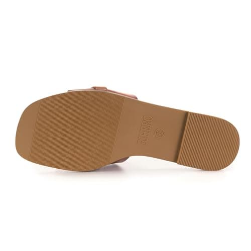 Rihero Womens Flat Sandals Fashion Square Open Toe Slides Slip On Dressy casual Slide Sandals with Metal Chain Cognac Size 9.5 - Thumbnail 5