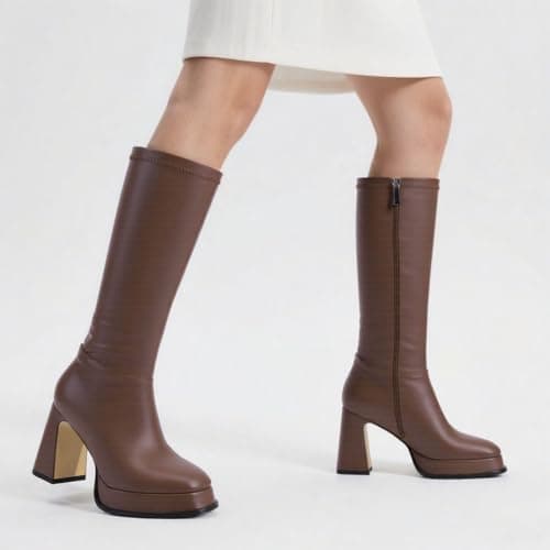 QIV Brown Platform Knee High Boots for Women Square Toe Chunky Block Heel Tall Gogo Boots with Zipper Size 8.5 - Thumbnail 4