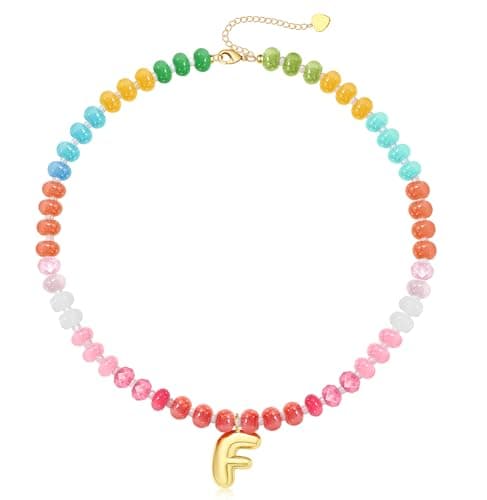 Gemstone Necklace with Initial F Gifts for Women Bubble F Letter Necklace 14k Gold Bubble F Letter Necklaces Summer Beach Beaded Choker Cute Stocking Stuffers for Teens Birthday Christmas Jewelry for Daughter Mom - Image 1