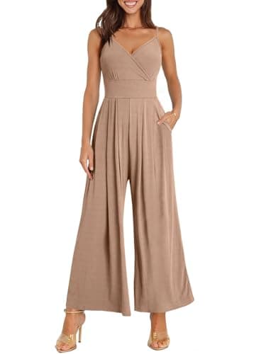 ANRABESS Jumpsuits for Women 2026 Summer Dressy Spaghetti Strap Ribbed V Neck Wide Leg Overalls Flowy Romper Jumpers Outfits Light Brown Medium - Image 1