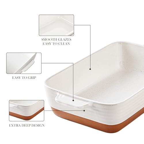 MALACASA 9x13 Ceramic Baking Dish, 4.8 QT Deep Casserole Dish with Handles, Oven Safe Lasagna Pan for Baking, Roasting & Serving, Rectangular Bakeware, Khaki & White, Tara - Thumbnail 5