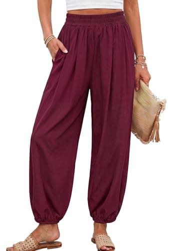 PRETTYGARDEN Womens 2026 Summer Casual Pants High Waisted Loose Wide Leg Palazzo Pockets Lounge Beach Travel Trousers Outfits (Burgundy,Large) - Image 1