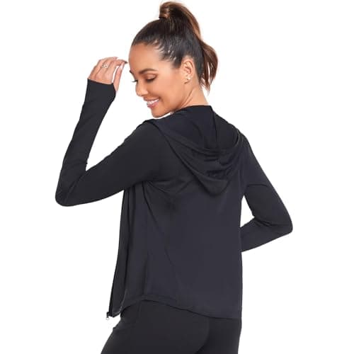 AGVNG Womens UPF 50+ Long Sleeve Hooded Jackets Full Zip Lightweight UV Protection SPF Cooling Sun Shirts Workout Athletic Hiking Running Tops Thumb Hole Black S - Thumbnail 4