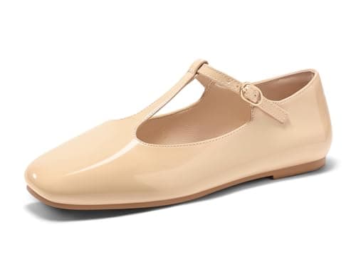 Coutgo Womens Mary Jane Flats T-Strap Closed Square Toe Ballet Flats Ankle Strap Dress Shoes, Light Khaki, Size 7 - Image 1