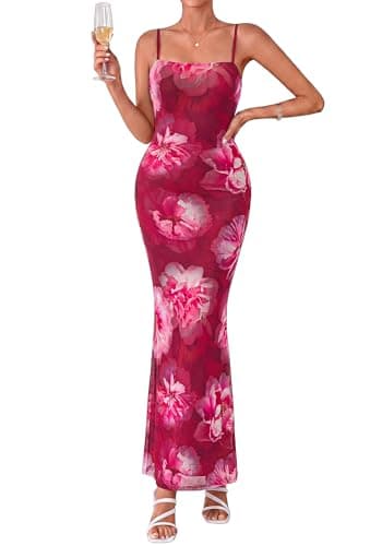 BTFBM Womens Summer Maxi Dress 2026 Floral Mesh Spaghetti Straps Sleeveless Sexy Bodycon Wedding Cocktail Party Dresses(Floral Rose Pink, X-Small) - Image 1