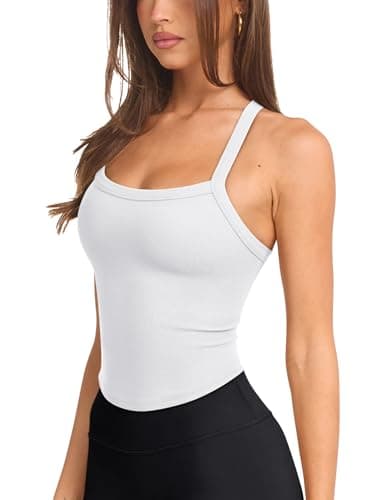 LASLULU Womens Workout Tops Racerback Basic Gym Tank Summer Outfits Sexy Camisole Scoop Neck Slim Fit Ribbed Sleeveless Cropped Tops(White X-Large) - Thumbnail 2