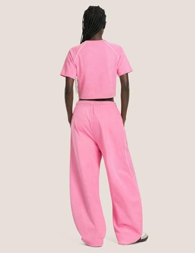 Aelfric Eden Cloud Cropped Sweat Sets Summer 2 Piece Outfits Crop Top High Waisted Baggy Barrel Sweatpants Sweatsuit Pink X-Large - Thumbnail 4