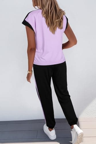 Dokotoo Womens Pajama Sets Summer Outfits Colorblock Short Sleeve Jogger Workout Sets Sweatsuits Loungewear Tracksuits Fall Fashion Clothing 2026 - Thumbnail 3