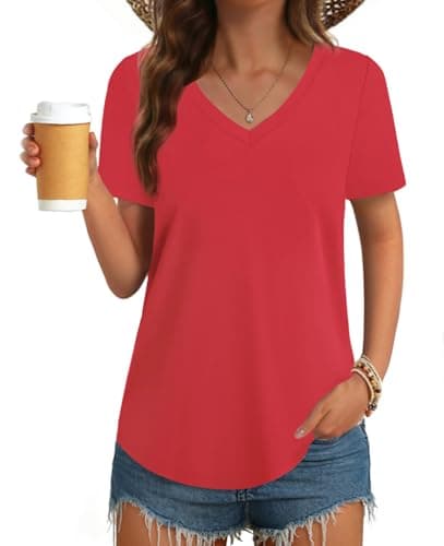 GKBK Womens T Shirts V Neck Short Sleeve Cotton Tops Summer Curved Hem Trendy Basic Tee Shirt Red S - Image 1