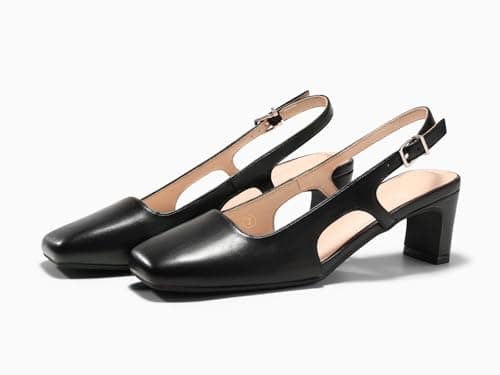 Coutgo Womens Slingback Chunky Low Heels Closed Square Toe Pumps Wedding Party Dress Shoes, Black PU, Size 9.5 - Thumbnail 5