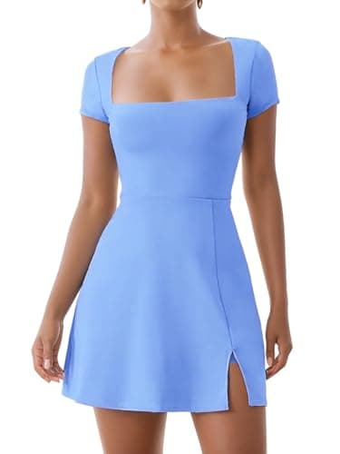 Dokuritu Athletic Dress for Women Short Sleeve Square Neck Golf Dress 2024 Sexy Side Slit Summer Active Exercise Tennis Dress with Built in Shorts and Bra Light Blue - Image 1