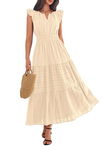 BTFBM Womens Summer Maxi Dress 2026 Spring Boho Vacation Ruffle Flutter Short Sleeve A Line Tiered Flowy Dresses Pockets(Apricot, Small) - Thumbnail 4