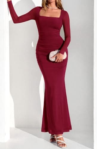 BTFBM Women's Maxi Dresses Fall 2026 Long Sleeve Ruched Bodycon Dress Square Neck Cocktail Party Wedding Guest Dresses(Wine Red,XX-Large) - Thumbnail 6