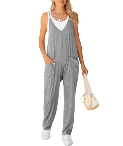 LILBETTER Women's Loose Sleeveless Jumpsuits Adjustable Spaghetti Strap Stretchy Long Pant Romper Jumpsuit with Pockets(01 Grey,X-Large) - Image 1