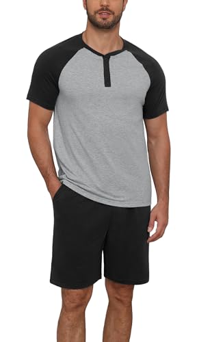 NITAGUT Mens Pajama Set 2 Piece Henley Sleepwear Lightweight Short Sleeve Loungewear Soft Comfy Sleep Set with Button,Black M - Image 1