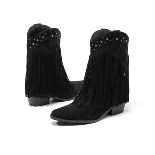 Amoji Womens Western Cowboy Boots Cowgirl Tassels 70S Hippie Fringe Boots Mid Calf Boots Pull On FZD307LS Black Size 11 - Thumbnail 4